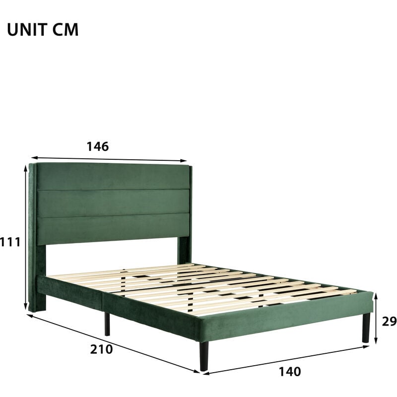 L&h-cfcahl - Lit capitonné 140 x 200 cm Cadre de lit avec sommier à lattes et tête de lit Lit double Vert foncé avec revêtement textile Velours Lit