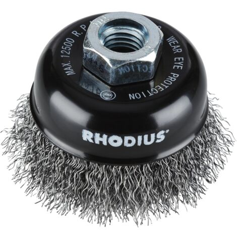 Brosse boisseau métallique Rhodius STBW avec fil d'acier ondulé pour utilisation sur meuleuses d'angle, 60 x 21 x M14 mm