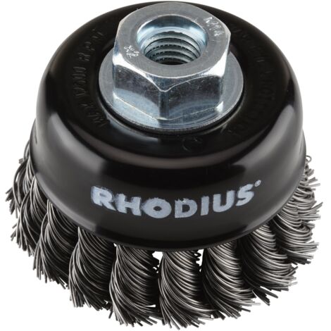 Brosse boisseau métallique Rhodius STBZ avec fil d'acier torsadé pour utilisation sur meuleuses d'angle, 65 x 20 x M14 mm