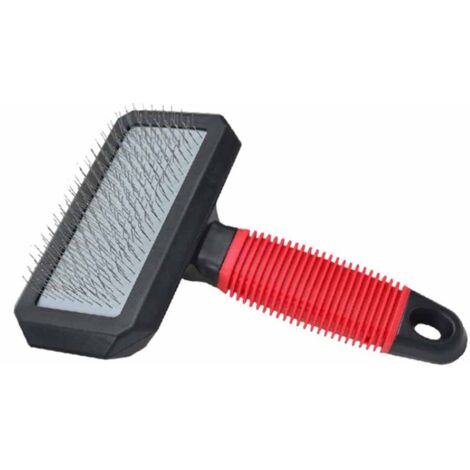 Brosse Carde pour Chiens – Poils Mi‑longs à Longs – Picots Inclinés & Têtes Arrondies en Acier Inoxydable – Poignée Ergonomique Souple– Taille L, Rouge