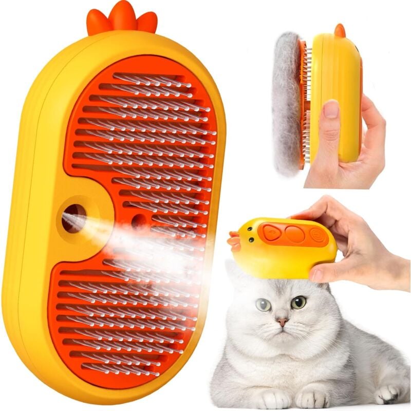 Brosse Chat Vapeur avec Bouton de Déverrouillage, Rechargeable Brosse Vapeur Chat pour Poils Longs et Courts Chats Chiens Lapins, Autonettoyant