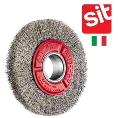 Brosse circulaire 150 mm – Fils ondulés en acier pour satinage et ébavurage – Alésage 38 mm – Largeur 20 mm – Vitesse max 6000 tr/min – SIT