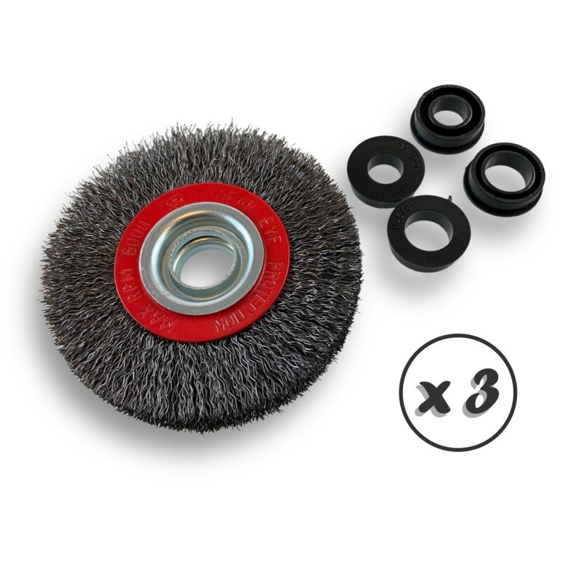 Lot de 3 brosses circulaires acier ø 100 mm Epaisseur 2 rangs Fil dur 0.30 mm ondulé Alésage 16 mm Touret meuleuse affûteuse ponceuse Brossage