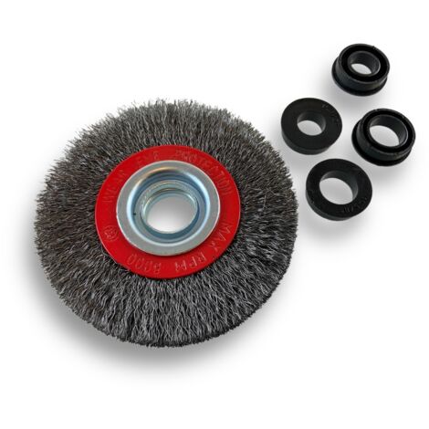 Brosse circulaire ACIER  Ø 100 mm  Epaisseur 2 rangs  Fil souple 0.20 mm ondulé  Alésage 16 mm  Touret meuleuse affûteuse ponceuse  Brossage décapage polissage dérouillage  Kibros 234102AV