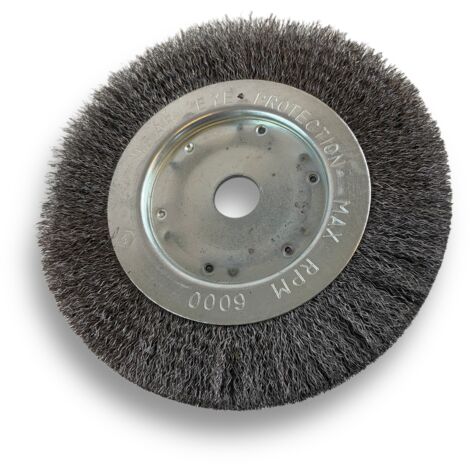 Brosse circulaire ACIER  Ø 175 mm  Epaisseur 1 rang  Fil souple 0.20 mm ondulé  Alésage 20 mm + réducteur bague 16/12 mm  Touret meuleuse affûteuse ponceuse  Kibros 214176AV
