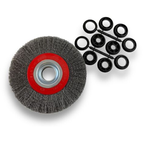 Brosse circulaire ACIER  Ø 175 mm  Epaisseur 2 rangs  Fil souple 0.20 mm ondulé  Alésage 32 mm + réducteur bague 25/22/20/16/12 mm  Touret meuleuse affûteuse ponceuse  Kibros 235177AV