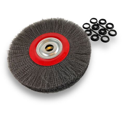 Brosse circulaire ACIER  Ø 300 mm  Epaisseur 3 rangs  Fil souple 0.20 mm ondulé  Alésage 32 mm + réducteur bague 25/22/20/16/12 mm  Touret meuleuse affûteuse ponceuse  Kibros 231303AV