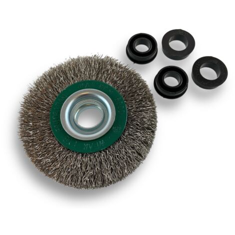 Brosse circulaire INOX  Ø 100 mm  Epaisseur 2 rangs  Fil dur 0.30 mm ondulé  Alésage 16 mm  Touret meuleuse affûteuse ponceuse  Brossage décapage polissage dérouillage  Kibros 234102IT