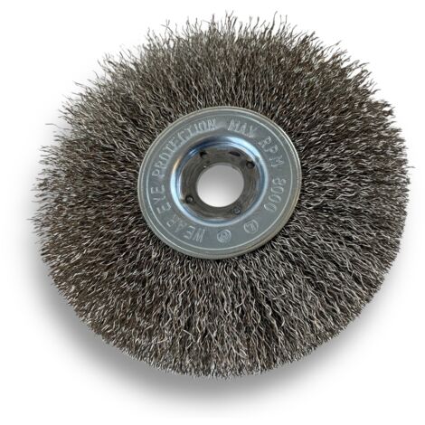 Brosse circulaire INOX  Ø 125 mm  Epaisseur 1 rang  Fil dur 0.30 mm ondulé  Alésage 16 mm  Touret meuleuse affûteuse ponceuse  Brossage décapage polissage dérouillage  Kibros 214126IT