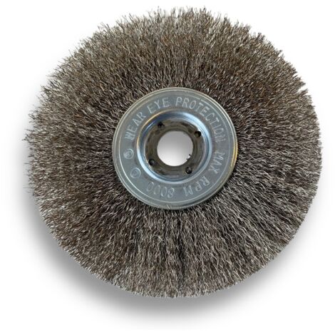 Brosse circulaire INOX  Ø 125 mm  Epaisseur 1 rang  Fil souple 0.20 mm ondulé  Alésage 16 mm  Touret meuleuse affûteuse ponceuse  Brossage décapage polissage dérouillage  Kibros 214126IV