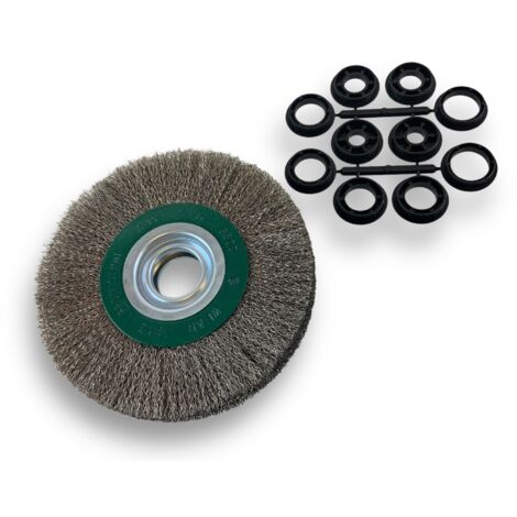 Brosse circulaire INOX  Ø 175 mm  Epaisseur 2 rangs  Fil dur 0.30 mm ondulé  Alésage 32 mm + réducteur bague 25/22/20/16/12 mm  Touret meuleuse affûteuse ponceuse  Kibros 235177IT