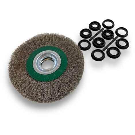 Brosse circulaire INOX  Ø 175 mm  Epaisseur 3 rangs  Fil dur 0.30 mm ondulé  Alésage 32 mm + réducteur bague 25/22/20/16/12 mm  Touret meuleuse affûteuse ponceuse  Kibros 235178IT