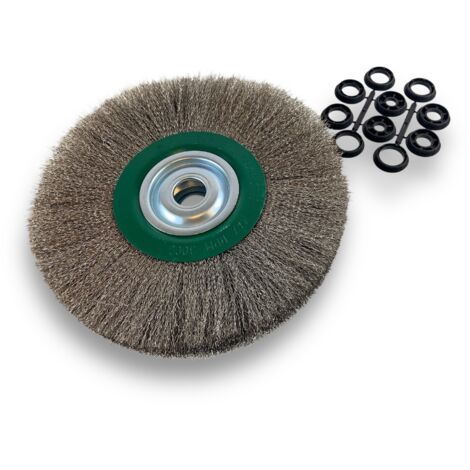 Brosse circulaire INOX Ø 300 mm Epaisseur 2 rangs Fil dur 0.30 mm ondulé Alésage 32 mm + réducteur bague 25/22/20/16/12 mm Touret meuleuse affûteuse ponceuse Kibros 231302IT