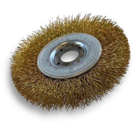 Brosse circulaire LAITON  Ø 100 mm  Epaisseur 1 rang  Fil souple 0.20 mm ondulé  Alésage 16 mm  Touret meuleuse affûteuse ponceuse  Brossage décapage polissage dérouillage  Kibros 214101LV