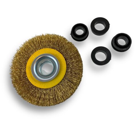Brosse circulaire LAITON  Ø 100 mm  Epaisseur 2 rangs  Fil dur 0.30 mm ondulé  Alésage 16 mm  Touret meuleuse affûteuse ponceuse  Brossage décapage polissage dérouillage  Kibros 234102LT