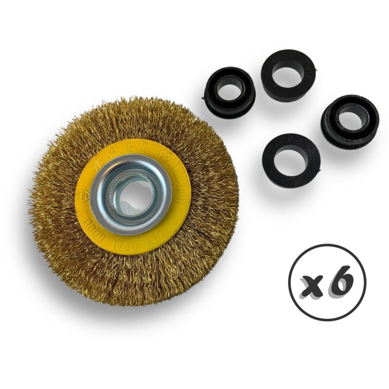 Lot de 6 brosses circulaires LAITON Ø 100 mm Epaisseur 2 rangs Fil dur 0.30 mm ondulé Alésage 16 mm Touret meuleuse affûteuse ponceuse Brossage