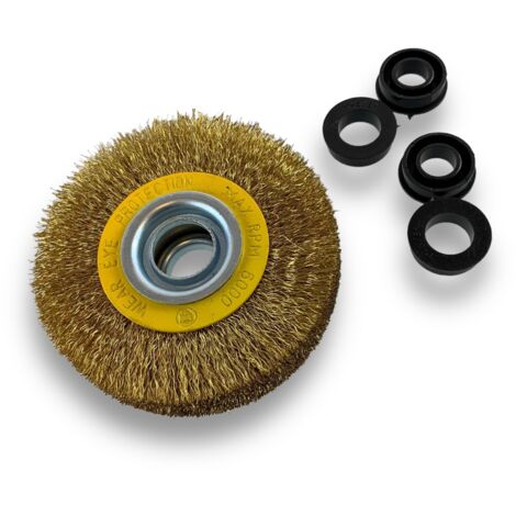 Brosse circulaire LAITON  Ø 100 mm  Epaisseur 3 rangs  Fil dur 0.30 mm ondulé  Alésage 16 mm  Touret meuleuse affûteuse ponceuse  Brossage décapage polissage dérouillage  Kibros 234103LT