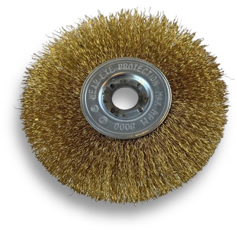 Brosse circulaire LAITON  Ø 125 mm  Epaisseur 1 rang  Fil dur 0.30 mm ondulé  Alésage 16 mm  Touret meuleuse affûteuse ponceuse  Brossage décapage polissage dérouillage  Kibros 214126LT