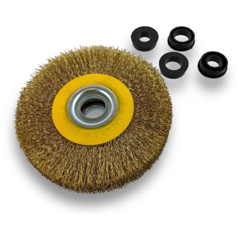 Brosse circulaire LAITON  Ø 125 mm  Epaisseur 3 rangs  Fil dur 0.30 mm ondulé  Alésage 16 mm  Touret meuleuse affûteuse ponceuse  Brossage décapage polissage dérouillage  Kibros 234128LT