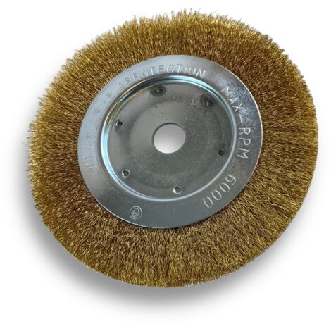 Brosse circulaire LAITON  Ø 175 mm  Epaisseur 1 rang  Fil dur 0.30 mm ondulé  Alésage 20 mm + réducteur bague 16/12 mm  Touret meuleuse affûteuse ponceuse  Kibros 214176LT