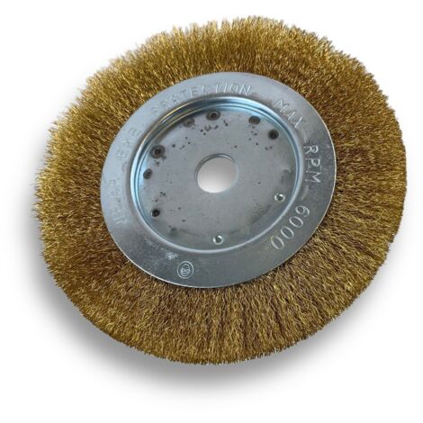 Brosse circulaire LAITON  Ø 175 mm  Epaisseur 1 rang  Fil souple 0.20 mm ondulé  Alésage 20 mm + réducteur bague 16/12 mm  Touret meuleuse affûteuse ponceuse  Kibros 214176LV