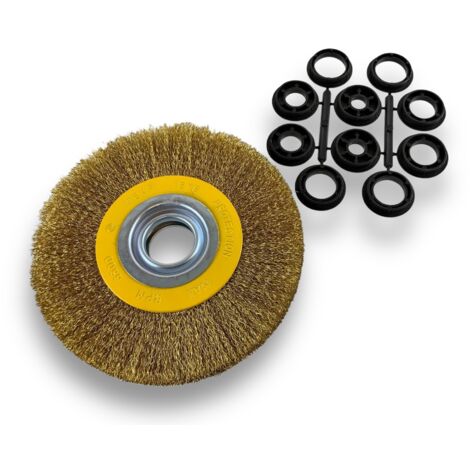 Brosse circulaire LAITON  Ø 175 mm  Epaisseur 2 rangs  Fil dur 0.30 mm ondulé  Alésage 32 mm + réducteur bague 25/22/20/16/12 mm  Touret meuleuse affûteuse ponceuse  Kibros 235177LT