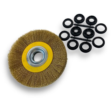 Brosse circulaire LAITON  Ø 175 mm  Epaisseur 2 rangs  Fil souple 0.20 mm ondulé  Alésage 32 mm + réducteur bague 25/22/20/16/12 mm  Touret meuleuse affûteuse ponceuse  Kibros 235177LV