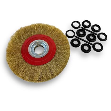 Brosse circulaire LAITON  Ø 200 mm  Epaisseur 2 rangs  Fil souple 0.20 mm ondulé  Alésage 32 mm + réducteur bague 25/22/20/16/12 mm  Touret meuleuse affûteuse ponceuse  Kibros 238202LV