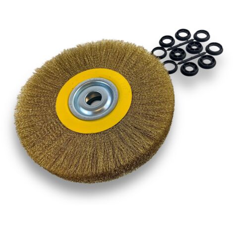Brosse circulaire LAITON Ø 300 mm Epaisseur 2 rangs Fil dur 0.30 mm ondulé Alésage 32 mm + réducteur bague 25/22/20/16/12 mm Touret meuleuse affûteuse ponceuse Kibros 231302LT