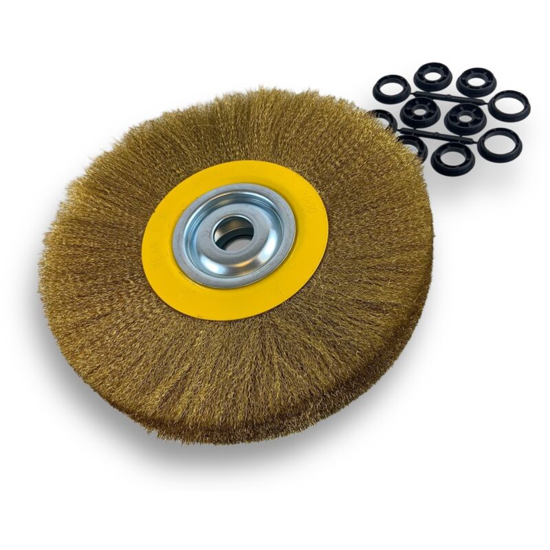 Brosse circulaire laiton ø 300 mm Epaisseur 2 rangs Fil souple 0.20 mm ondulé Alésage 32 mm + réducteur bague 25/22/20/16/12 mm Touret meuleuse