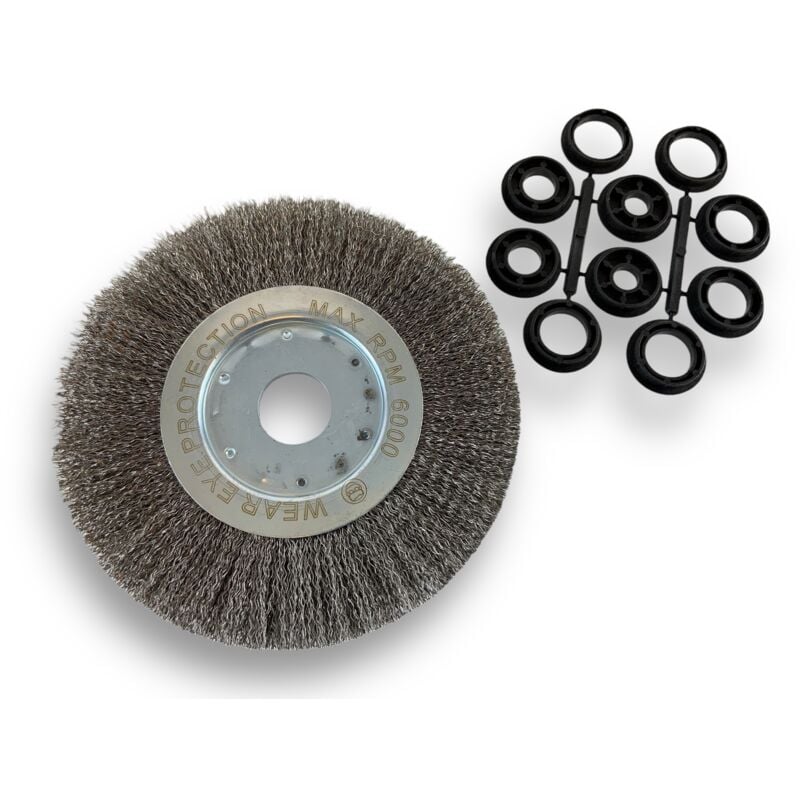 Brosse circulaire inox ø 200 mm Epaisseur 1 rang Fil dur 0.30 mm ondulé Alésage 32 mm + réducteur bague 25/22/20/16/12 mm Touret meuleuse affûteuse