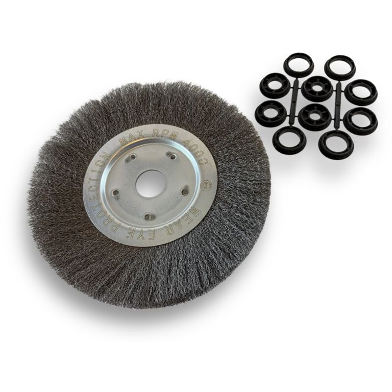 Brosse circulaire acier ø 250 mm Epaisseur 1 rang Fil souple 0.20 mm ondulé Alésage 32 mm + réducteur bague 25/22/20/16/12 mm Touret meuleuse