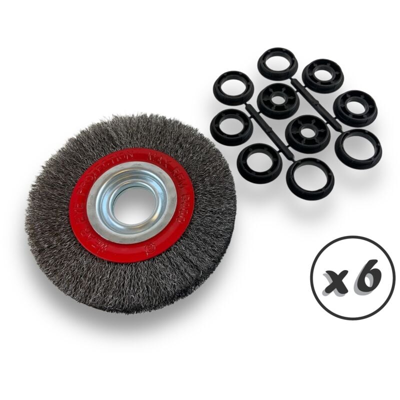 Lot de 6 brosses circulaires acier ø 150 mm Epaisseur 2 rangs Fil souple 0.20 mm ondulé Alésage 32 mm + réducteur bague 25/22/20/16/12 mm Touret