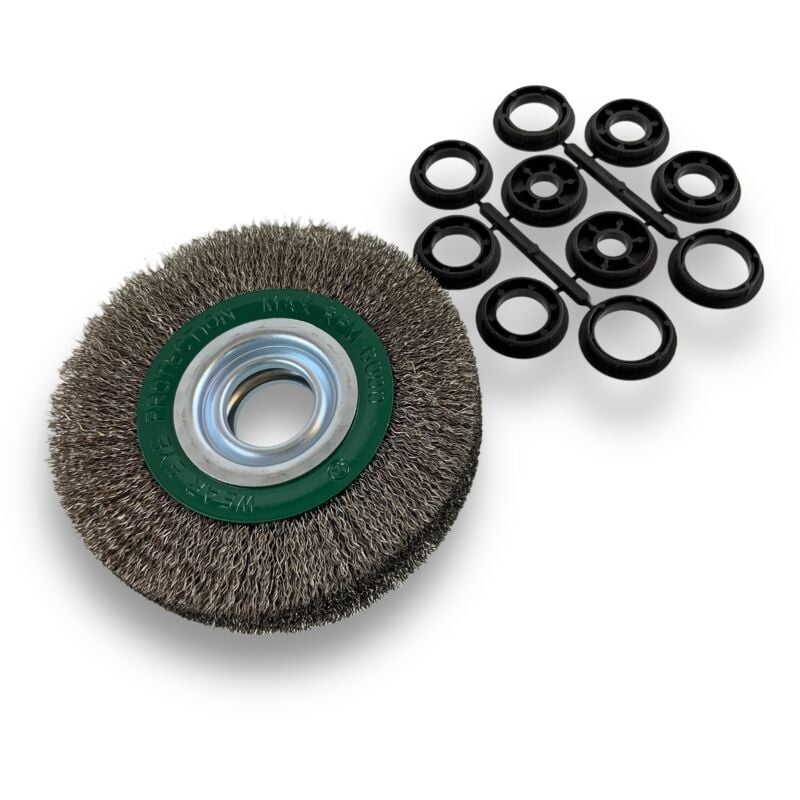 Brosse circulaire inox ø 150 mm Epaisseur 3 rangs Fil dur 0.30 mm ondulé Alésage 32 mm + réducteur bague 25/22/20/16/12 mm Touret meuleuse affûteuse