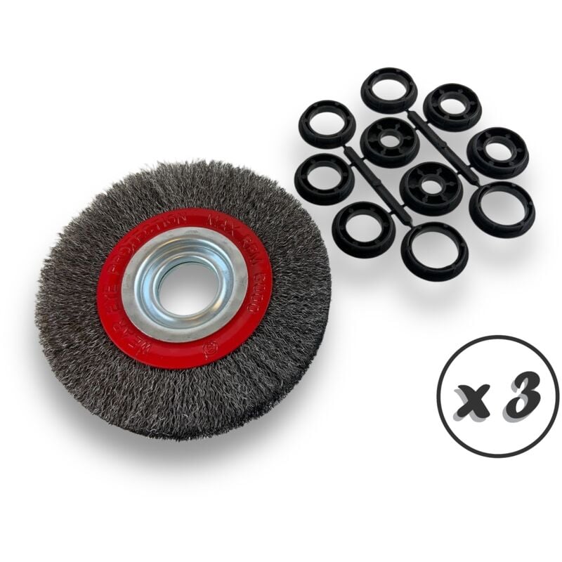 Lot de 3 brosses circulaires acier ø 150 mm Epaisseur 2 rangs Fil souple 0.20 mm ondulé Alésage 32 mm + réducteur bague 25/22/20/16/12 mm Touret
