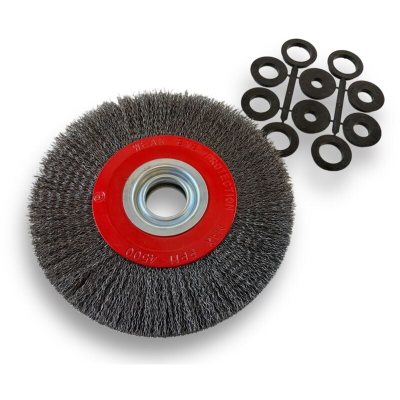 Brosse circulaire acier ø 200 mm Epaisseur 3 rangs Fil dur 0.30 mm ondulé Alésage 32 mm + réducteur bague 25/22/20/16/12 mm Touret meuleuse affûteuse