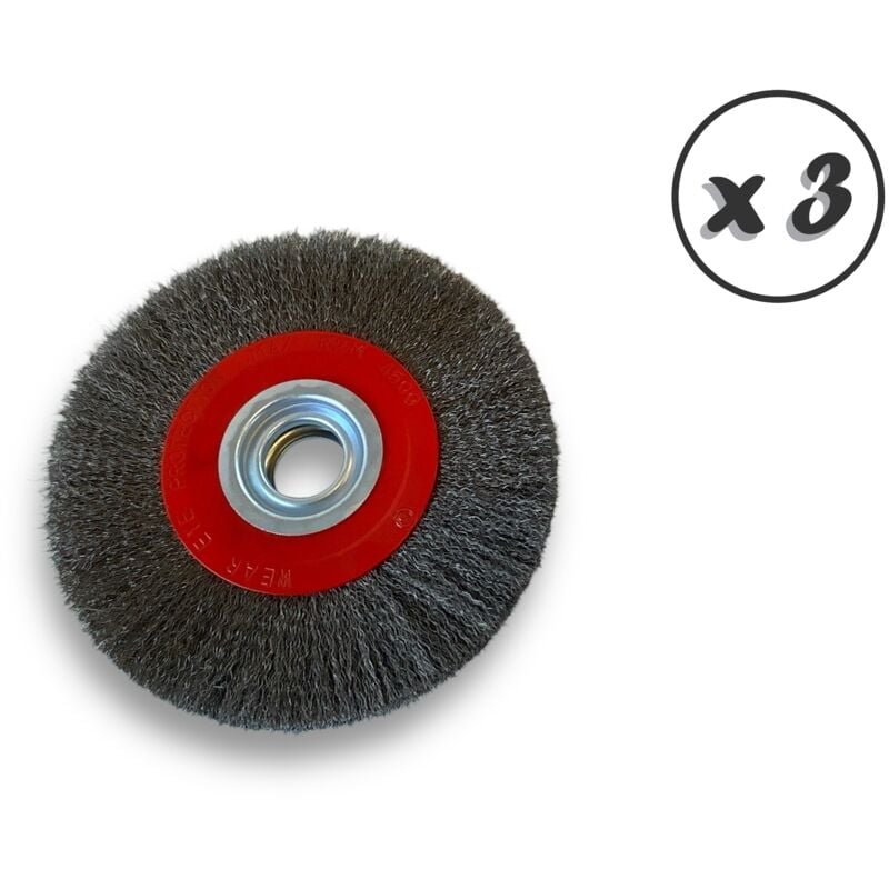 Kibros - Lot de 3 brosses circulaires acier ø 200 mm Epaisseur 3 rangs Fil souple 0.20 mm ondulé Alésage 32 mm + réducteur bague 25/22/20/16/12 mm