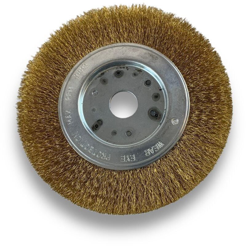 Brosse circulaire laiton ø 150 mm Epaisseur 1 rang Fil souple 0.20 mm ondulé Alésage 20 mm + réducteur bague 16/12 mm Touret meuleuse affûteuse