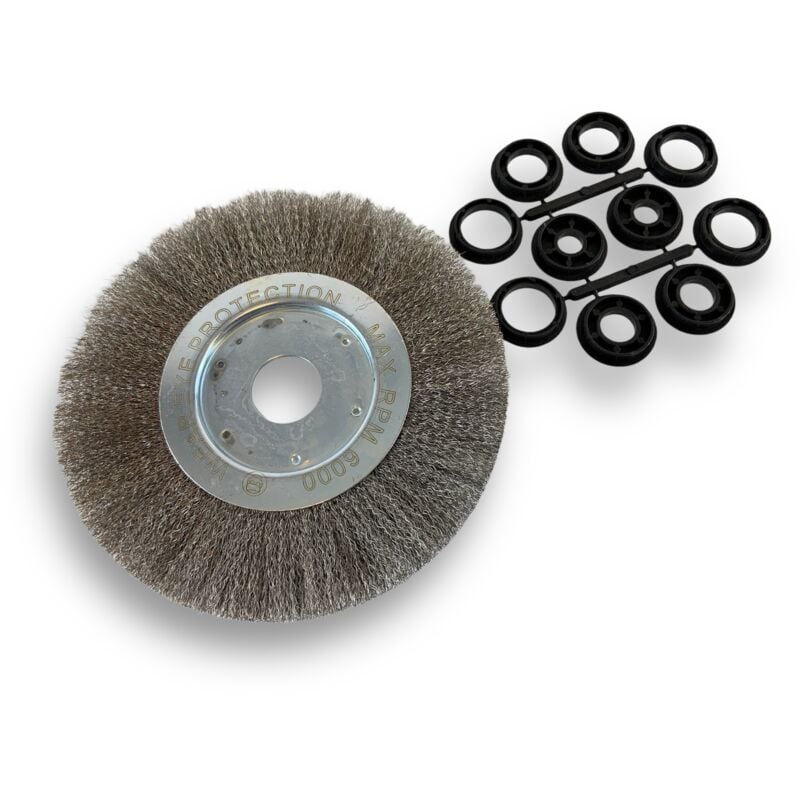 Brosse circulaire inox ø 200 mm Epaisseur 1 rang Fil souple 0.20 mm ondulé Alésage 32 mm + réducteur bague 25/22/20/16/12 mm Touret meuleuse
