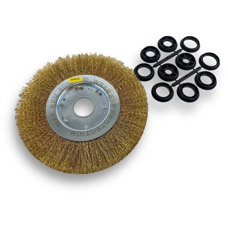 Brosse circulaire laiton ø 200 mm Epaisseur 1 rang Fil dur 0.30 mm ondulé Alésage 32 mm + réducteur bague 25/22/20/16/12 mm Touret meuleuse affûteuse