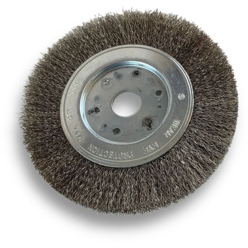Brosse circulaire inox ø 150 mm Epaisseur 1 rang Fil souple 0.20 mm ondulé Alésage 20 mm + réducteur bague 16/12 mm Touret meuleuse affûteuse