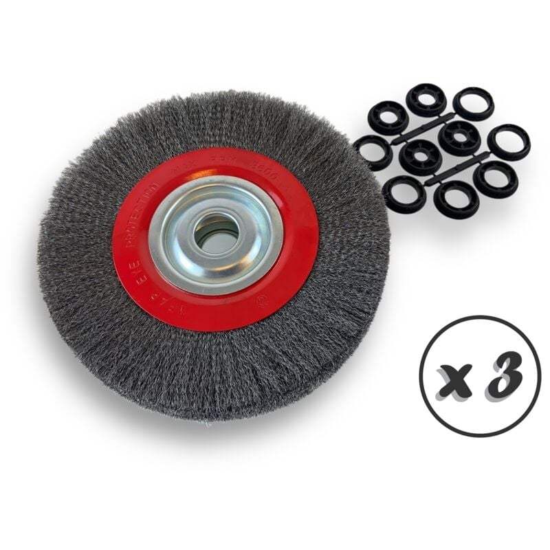 Lot de 3 brosses circulaires acier ø 250 mm Epaisseur 3 rangs Fil souple 0.20 mm ondulé Alésage 32 mm + réducteur bague 25/22/20/16/12 mm Touret