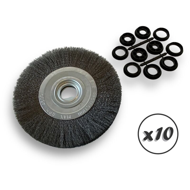 Lot de 10 brosses circulaires acier ø 200 mm Epaisseur 2 rangs Fil dur 0.30 mm ondulé Alésage 32 mm + réducteur bague 25/22/20/16/12 mm Touret