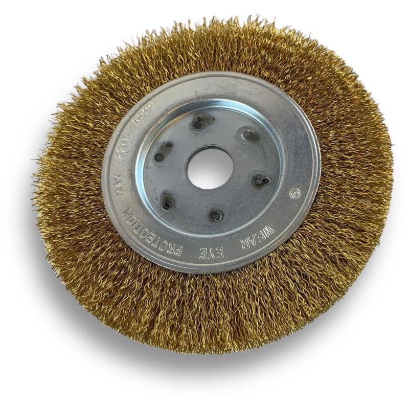 Brosse circulaire laiton ø 150 mm Epaisseur 1 rang Fil dur 0.30 mm ondulé Alésage 20 mm + réducteur bague 16/12 mm Touret meuleuse affûteuse ponceuse