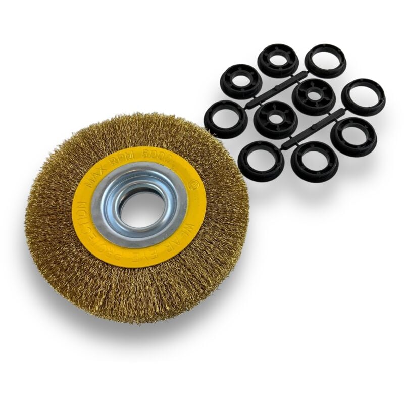 Brosse circulaire laiton ø 150 mm Epaisseur 3 rangs Fil dur 0.30 mm ondulé Alésage 32 mm + réducteur bague 25/22/20/16/12 mm Touret meuleuse