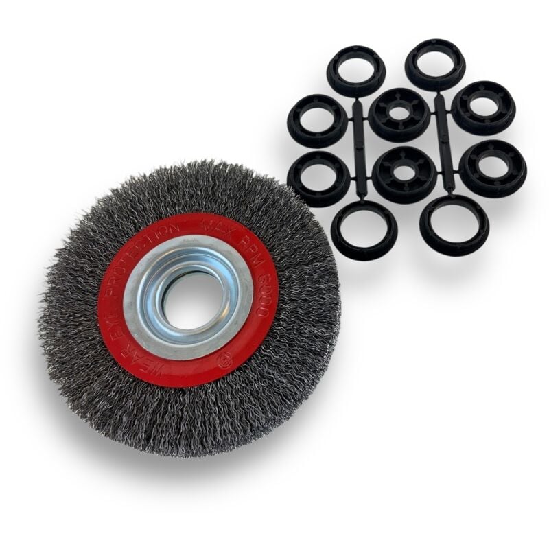 Brosse circulaire acier ø 150 mm Epaisseur 2 rangs Fil dur 0.30 mm ondulé Alésage 32 mm + réducteur bague 25/22/20/16/12 mm Touret meuleuse affûteuse