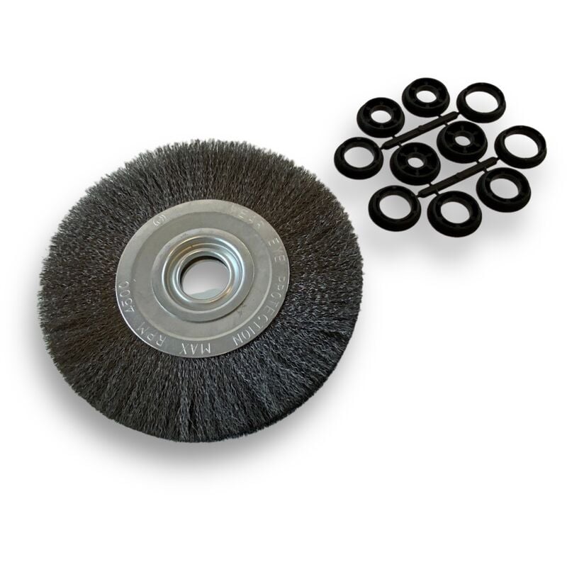 Brosse circulaire acier ø 200 mm Epaisseur 2 rangs Fil dur 0.30 mm ondulé Alésage 32 mm + réducteur bague 25/22/20/16/12 mm Touret meuleuse affûteuse