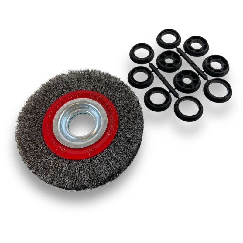 Brosse circulaire acier ø 150 mm Epaisseur 2 rangs Fil souple 0.20 mm ondulé Alésage 32 mm + réducteur bague 25/22/20/16/12 mm Touret meuleuse