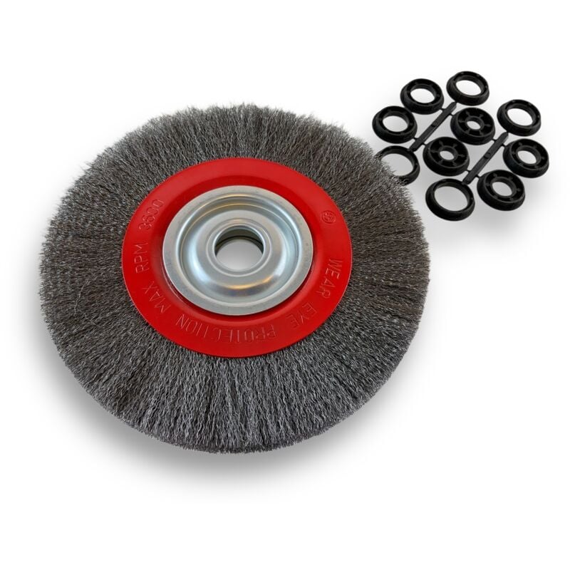 Brosse circulaire acier ø 250 mm Epaisseur 2 rangs Fil souple 0.20 mm ondulé Alésage 32 mm + réducteur bague 25/22/20/16/12 mm Touret meuleuse