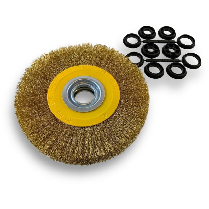Brosse circulaire laiton ø 200 mm Epaisseur 2 rangs Fil dur 0.30 mm ondulé Alésage 32 mm + réducteur bague 25/22/20/16/12 mm Touret meuleuse